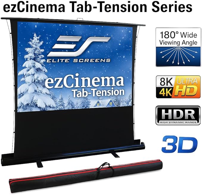 Elite Screens ezCinema Tab-Tension, 90-Inch Portable Floor Rising Projector Screen, 4:3, Tab-Tensioned Scissor-Backed, Manual Pull Up Projection Screen+Carry Bag, Home Office Classroom, Black- FT90XWV