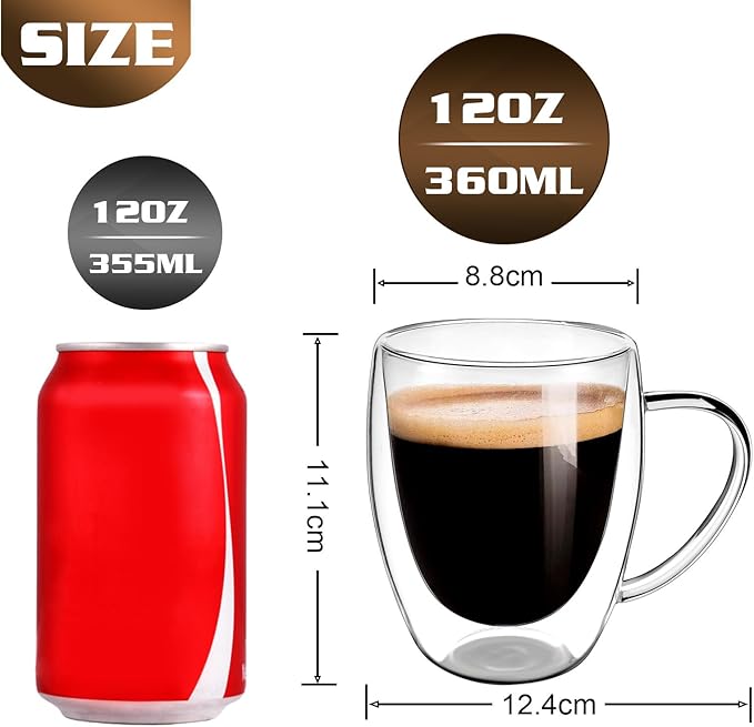 Clear Glass Double Wall Insulated Round Coffee Mugs Set of 2 Pieces - Medium Size 12oz Best Reusable Coffee Mug for Home Cafe Restaurant Perfect for Espresso Capucinno Lungo Latte Coffee