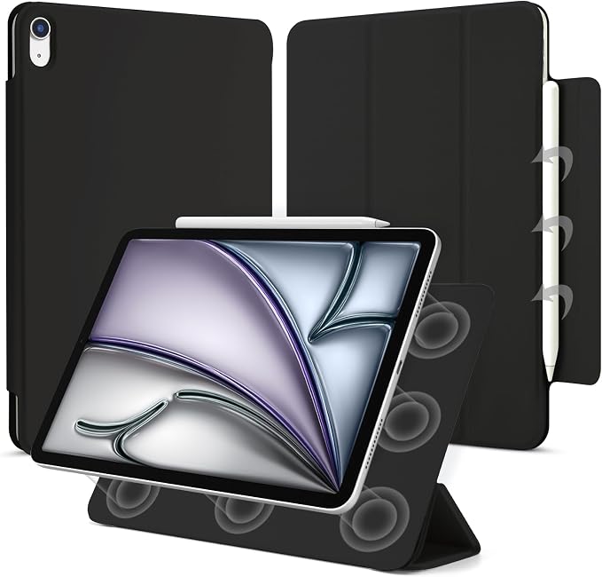 for iPad Air 13 inch M4/M3/M2 Case (2026/2025/2024Model A3268/A3269/A3271) Auto Sleep/Wake and Magnetic Closure Slim Trifold Stand Case PU Leather Cover Support Apple Pencil Pro Black