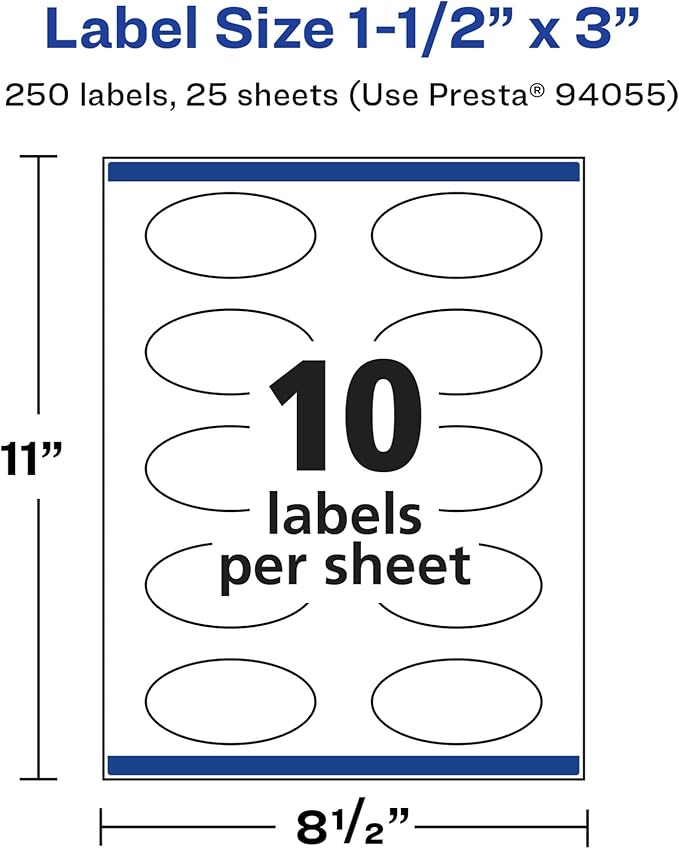 Avery Glossy White Oval Labels, Sure Feed Technology, 1.5" x 3", 250 Glossy White Labels, Print-to-The-Edge, Permanent Adhesive, Laser/Inkjet Printable