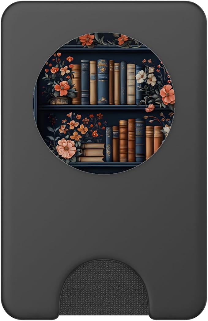 Dark Library Bookshelf with Vintage Books and Flowers PopSockets Adhesive PopGrip