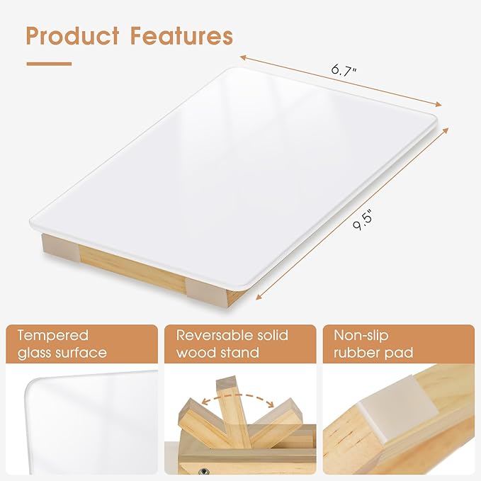 Desktop Glass Dry Erase Board, Small Glass Whiteboard with Adjustable Wood Stand - Reusable Desk Notepad 9.5" x 6.7" for Home Office