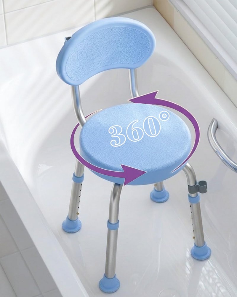 Fvzzin Swivel Shower Chair with Back, 360° Height Adjustable Shower Stool, Compact Space-Saving Design for Small Showers, Non-Slip Bathroom Chair for Seniors & Elderly (Blue)