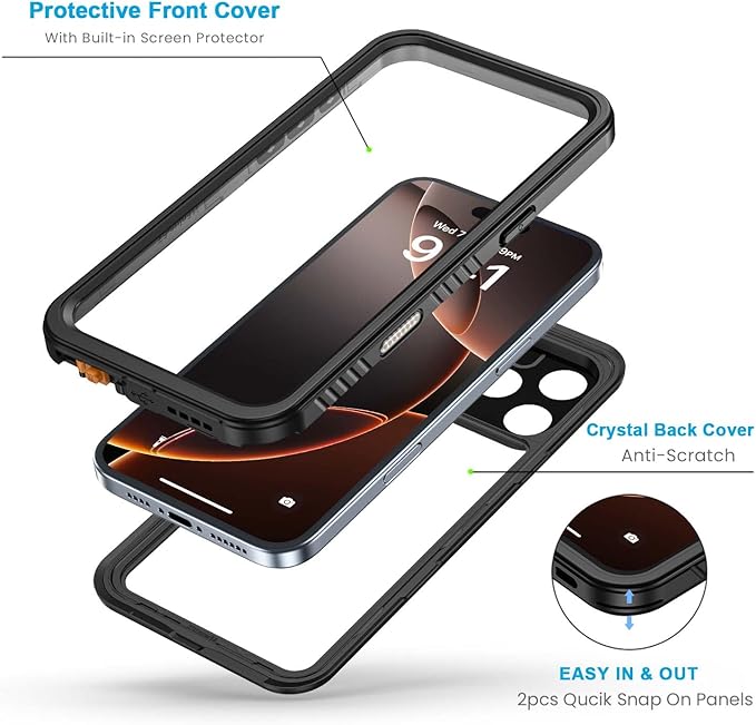 Lanhiem for iPhone 16 Pro Max Case, IP68 Waterproof Dustproof Shockproof Cases with Built-in Screen Protector, Full Body Heavy Duty Rugged Phone Cover for iPhone 16 Pro Max - 6.9 inch (Black/Clear)