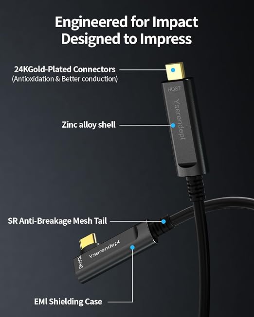 Fiber Optic USB C Cable 33ftRight Angle 10Gbps Active Optical Data Transfer for 4K CamerasWebcamsHubsHDDsVR/ARProjectors &amp Medical Systems