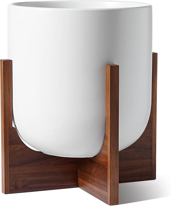 LE TAUCI 12 Inch Pots for Plants with Acacia Wood Stand, Ceramic Large Planters for Indoor Plants, Indoor Planters for Office Living Room, Cylinder Pots with Drainage Hole and Plug, White