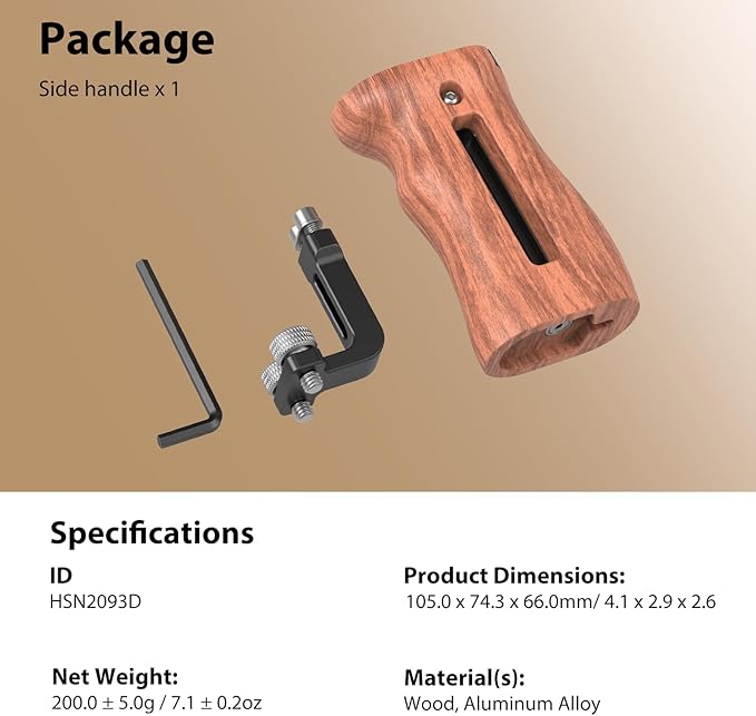 SmallRig Wooden Side Handle with 1/4''-20 Screws, Max. Load 15kg/33lbs, Up and Down Adjustable, for Left or Right Hand