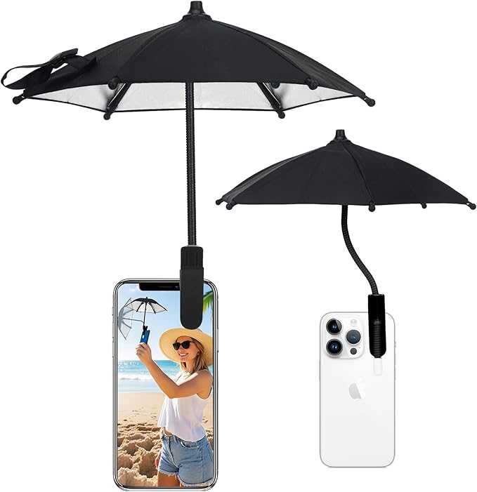 Mini Clip-on Phone Umbrella for Sun Flexible Adjustable Handle Cell Phone Umbrellas Sun Shade Protects from Sunlight and Glare Universal Fit for All Smartphones Black