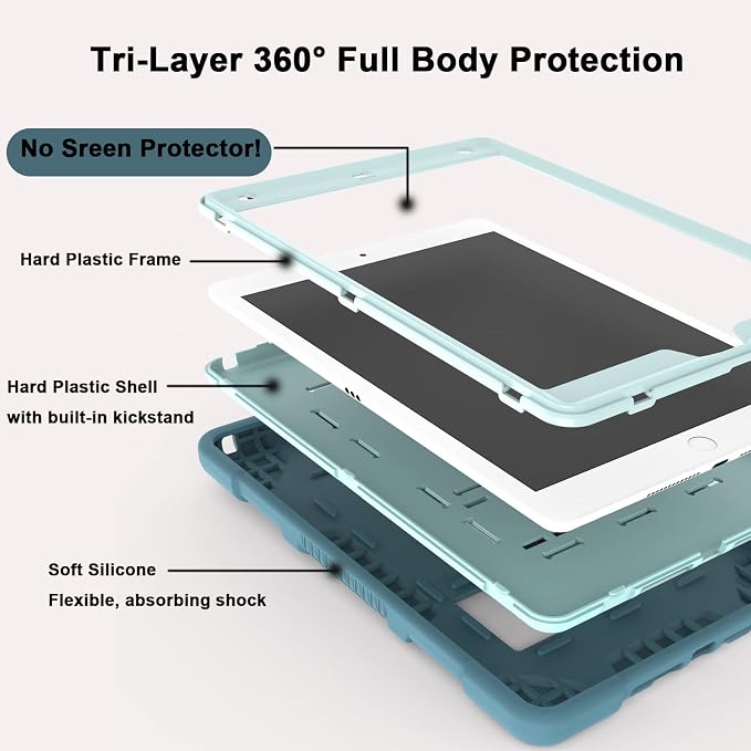 TIMISM Case for iPad 9th/8th/7th Generation(2021/2020/2019) Heavy Duty Military Grade Shockproof Rugged Protective 10.2 Cover with Built-in Stand for iPad 9 8 7 Gen Black+Green