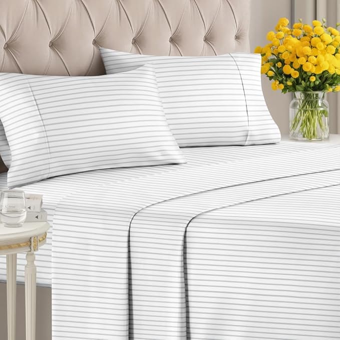 Light Grey and White Striped Sheets - 1 Flat & 1 Fitted Sheet & 2 Pillowcases w/ Deep Pockets - Wrinkle & Fade Resistant, Ultra-Soft, Breathable & Cooling - Luxury Pinstripe Bedding - Full Size