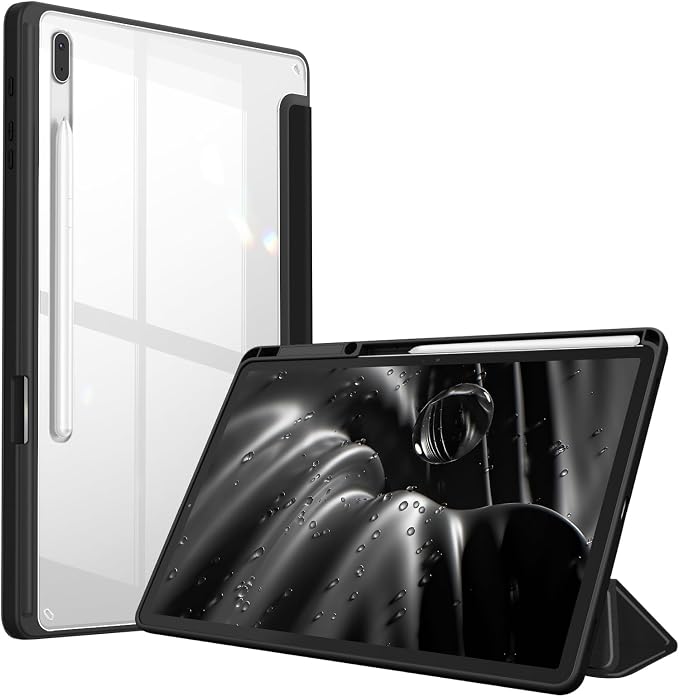 Fintie Clear Case for Samsung Galaxy Tab S8 Plus/ S7 FE/ S7 Plus 12.4 Inch | Transparent Back Shell Viewing &amp Typing Angles Shockproof S Pen Holder Auto Wake/Sleep Black