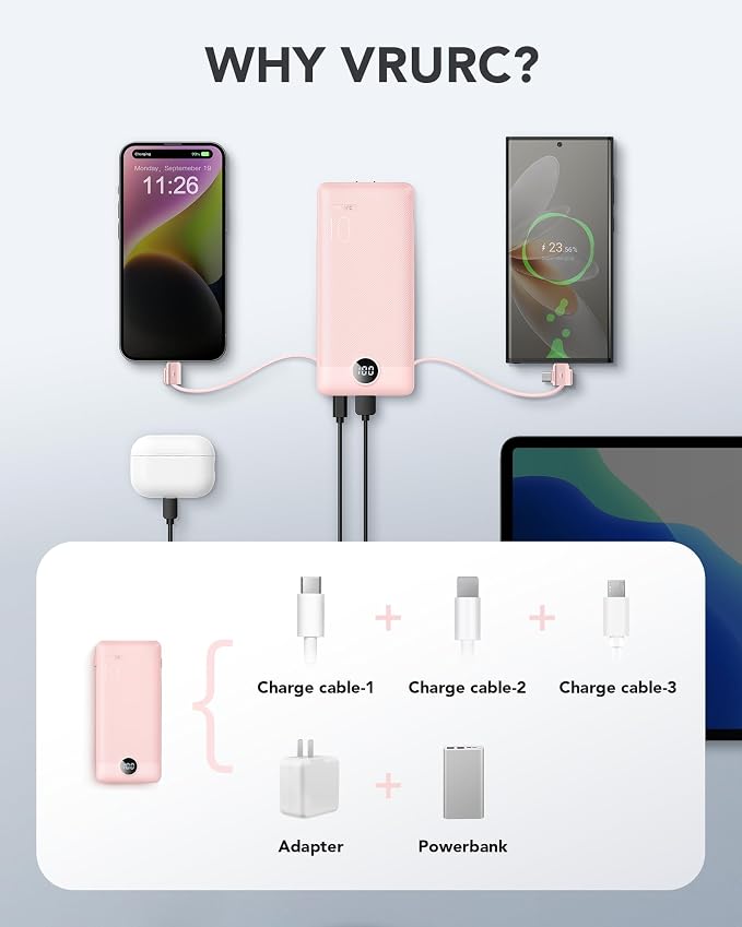 VRURC Portable Charger Power Bank Built-in Cables and AC Wall Plug | USB C Portable Bank 10000mAhTravel Essentials Phone Charger Compact External Battery Pack for Smart PhonesTablets-Black