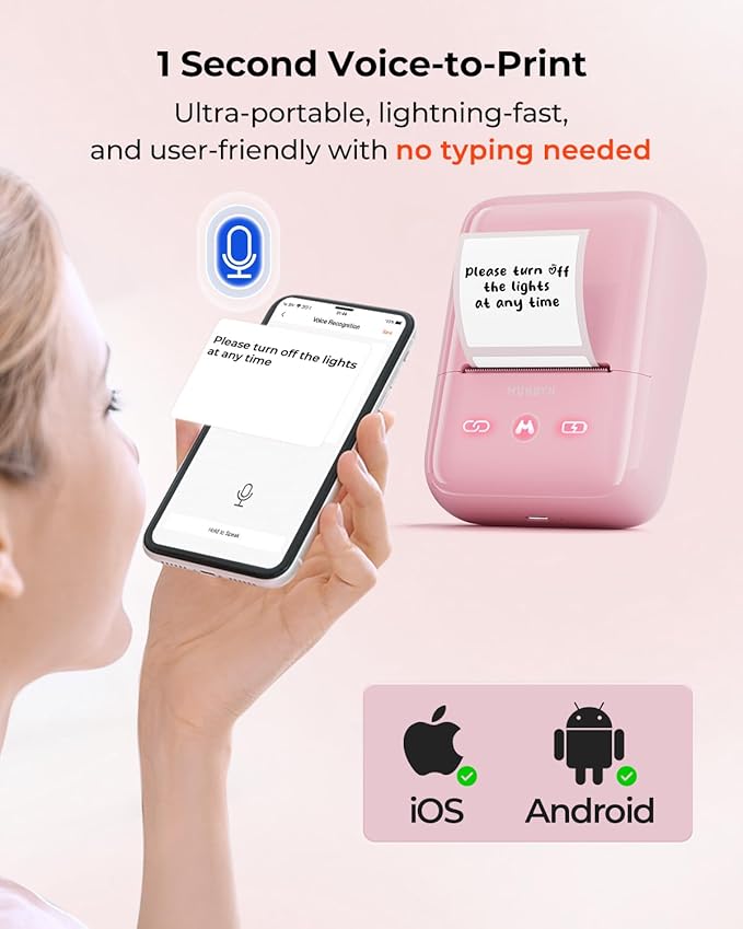 MUNBYN 5-in-1 Label Maker Machine – Bluetooth Thermal Label Printer for Stickers & Barcodes, App-Connected, Multiple Templates, No Subscription, Portable for Small Business, Home&Crafts, Pink