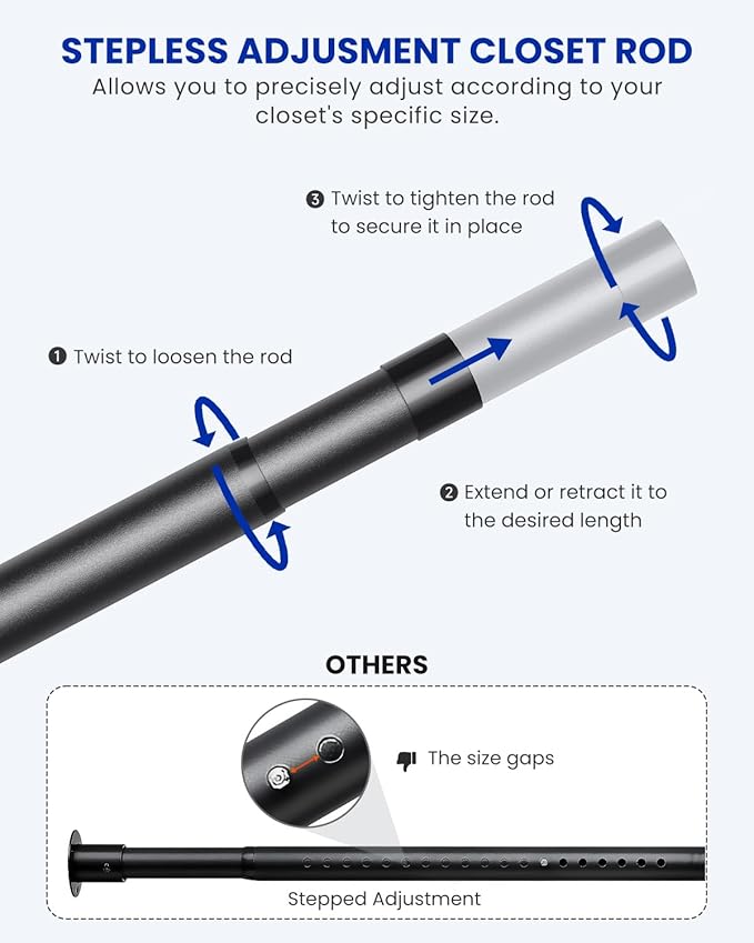 Supforce 4 PACK Closet Rods for Hanging Clothes, 17 to 84 Inches Stepless Adjustable Metal Closet Rod, 1.3 Inches Heavy Duty Clothes Hanging Rod for Closet Wardrobes Laundry RV, Black
