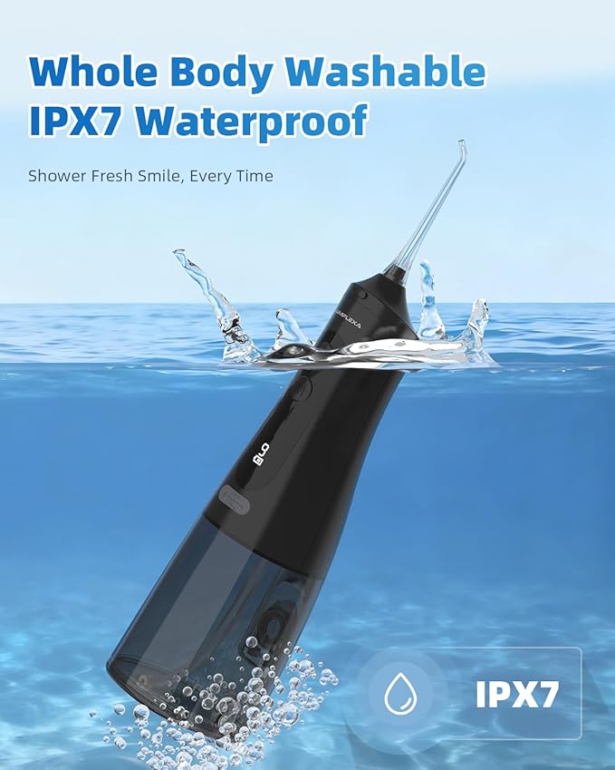 Lumiflexa Water Dental Flosser for Teeth Pick, Cordless Flosser for Travel with 4 Jet Tips, 9 intensities, IPX7 Waterproof Portable & Rechargeable Oral Irrigator Cleaner, Black