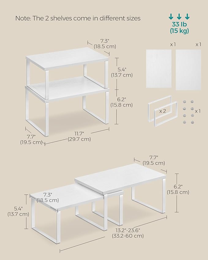 SONGMICS Cabinet Organizer Shelf, Set of 2 Kitchen Counter Shelves, Kitchen Storage, Spice Rack, Stackable, Expandable, Metal and Engineered Wood, Cloud White and Snow White UKCS02W01 (Pack of 2)