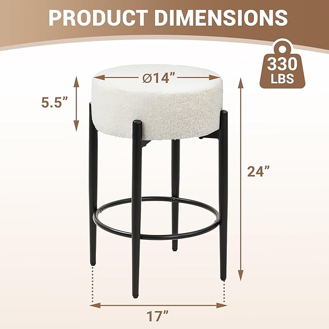 Counter Height Bar Stools, Set of 4, 24" Modern Backless Bar Stools, Ideal for Kitchen Counter, Kitchen Island, Boucle Sherpa Padded Cover, with Round Soft Seat and Foot Rest, White