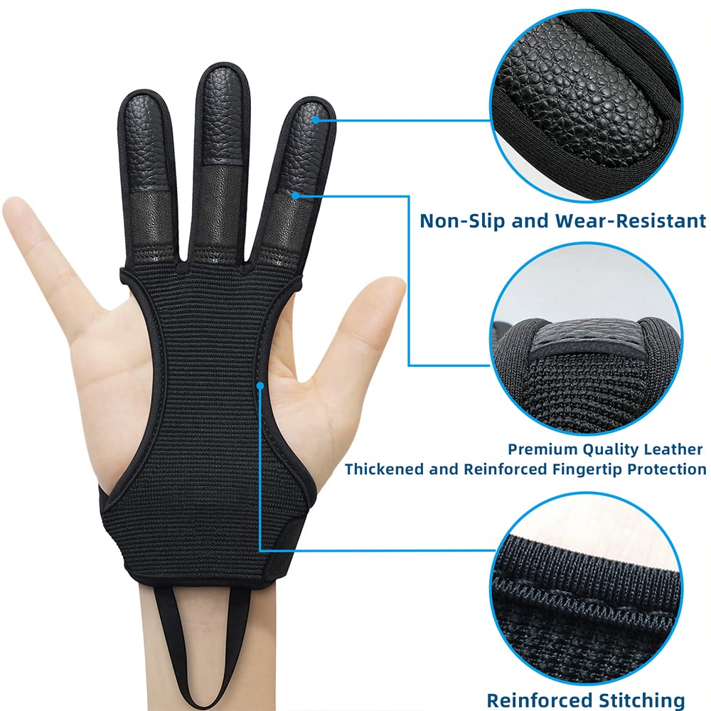 Seektop Archery Gloves Shooting Hunting Leather Three Finger Protector for Youth Adult Beginner (Update Black, M)