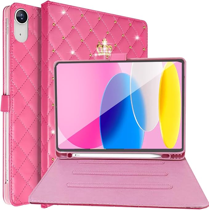 for iPad (A16) 11th Gen 11 Inch 2025/iPad 10th Generation 10.9 2022 Case with Pencil HolderCute Crown Diamond Elegant PU Leather Auto Sleep/Wake Stand Protective Case for iPad 10/11thBlack