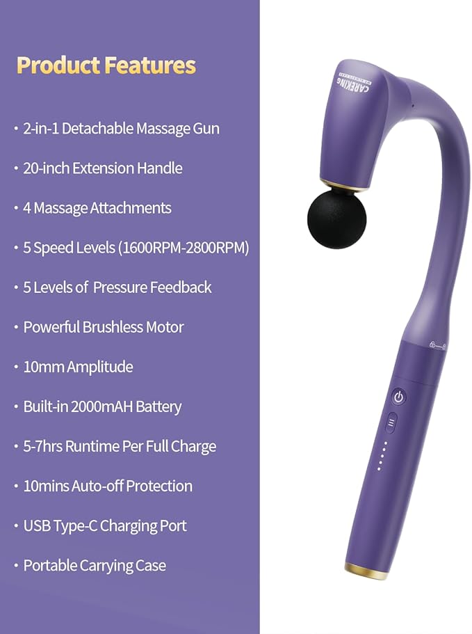 CAREKING 2-in-1 Detachable Muscle Massage Gun Deep Tissue with 20'' Extension Handle, Back and Neck Massager for Pain Relief, Handheld Massager for Shoulder Lower Back Leg Waist, Purple