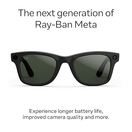 Ray-Ban Meta (Gen 2), Wayfarer Large, Shiny Black | Smart AI Glasses for Men, Women — 2X Battery Life — 3K HD Resolution — 12 MP Ultra-Wide Camera, Audio, Video — Transitions® Graphite Green Lenses