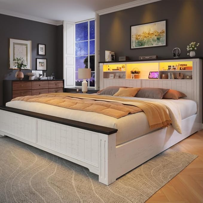 EnHomee King Bed Frame and Headboard, King Size Bed Frame with 4 Storage Drawers, King Bed with LED Lights & Charging Ports,No Box Spring Needed,NO Noise,Wooden, White