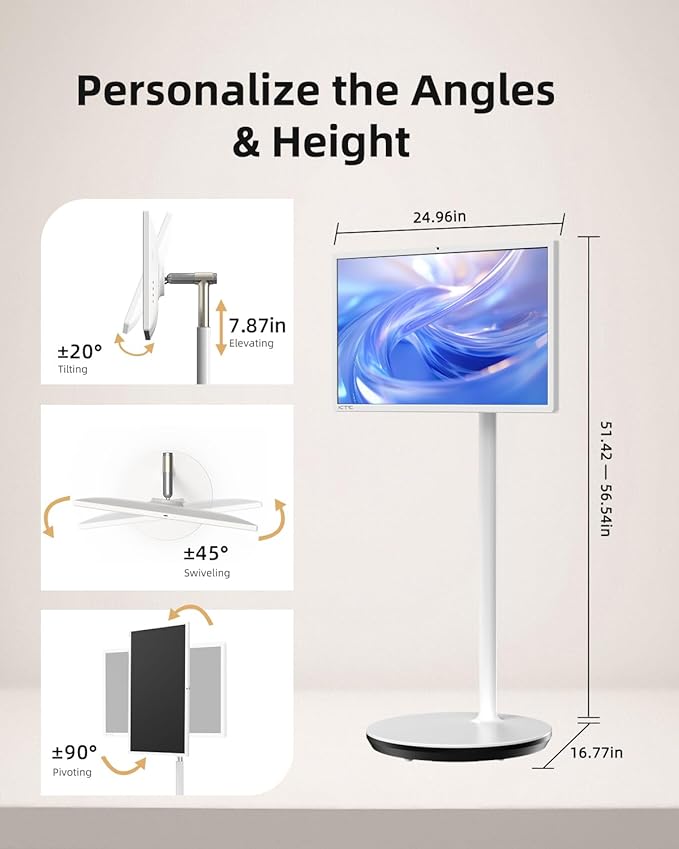 KTC MegPad 27 Inch Portable Screen TV - 1080P Touch Screen Monitor on Wheels with 8MP Camera, Compatible with Google TV, Android 14, QC 8G RAM+128G Storage, 9500mAh Battery, Remote Control
