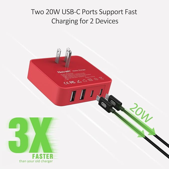 Nekmit USB C Charger Fast Thin Flat 52W 4-Port Wall Charger with Two 20W Power Delivery and 2 USB Port for iPhone 14/14 Pro/14 Pro Max Galaxy Pixel iPad Pro AirPods Pro and More Upgraded