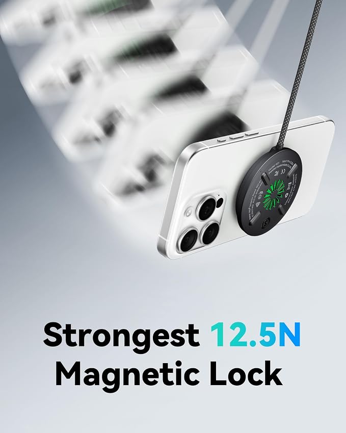 INIU Magnetic Wireless Charger Qi2 15W Fast Charging Pad Travel Charger | MagSafe-Compatible with LED Light Cooling Fan Smart Protection for iPhone 17-12 Series AirPods 4-2(20W Adapter Included)