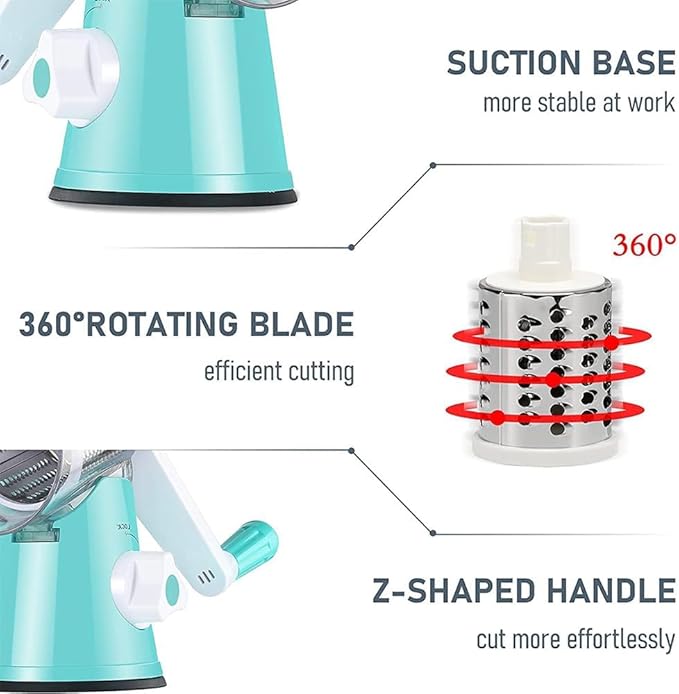 Maxceysen Rotary Cheese Grater with Handle Vegetable Shredder Round Kitchen Slicer Mandoline Grater for Vegetable, Nuts, Chocolate, Cheese, White, 3 Stainless Steel Blades