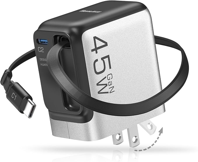 Retractable Charger 45W USB-C Charger GaN Fast Charger with 2.26ft Retractable Cable for iPhone 17/16/15/14/13 Series Galaxy S26/S25/24 Ultra Pixel iPad Space Silver