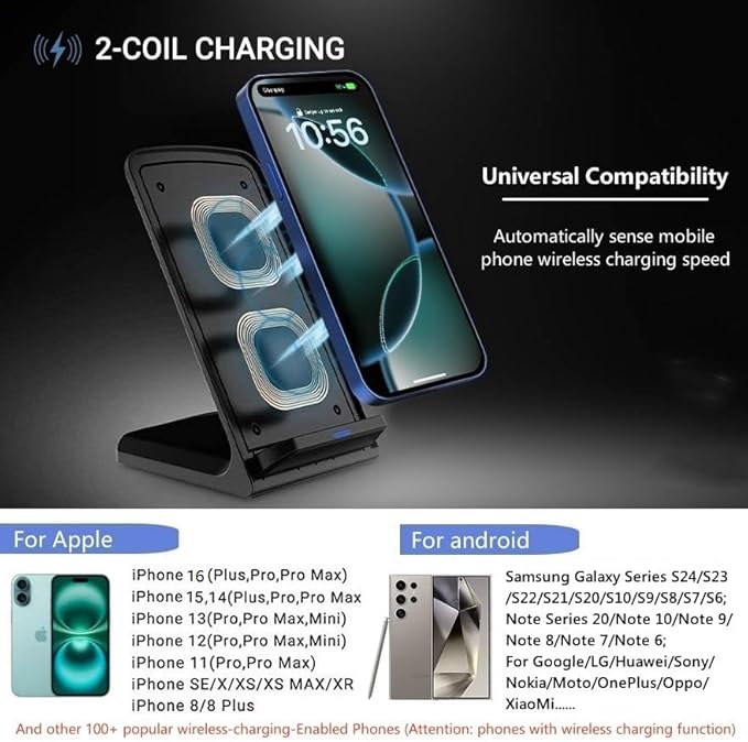 20W Fast Wireless Charger,Wireless Charging Stand Compatible with iPhone 16,16 Pro,15,14,13,12,11 Series/X/XS,Phone Charger for Galaxy S25/S24/S23/Note,Pixel/LG (No Plug)