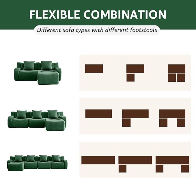 Green L-Shaped Cloud Couch with 1 Ottoman, Modern Teddy Fabric Boneless Sectional Sofa in a Box, Modular Floor Sofa for Living Room, Deep Seat, No Assembly Required, Sofas para Sala