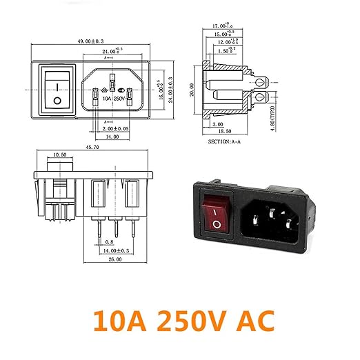 Ganasome 2 Pcs IEC320 C14 Inlet Module Male Power Socket - AC 250V 10A, 4 Terminals, DPST Rocker Switch with Red Indicator Light for Lab, Fitness & Industrial Automation Equipment