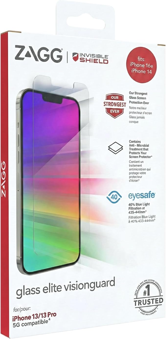 ZAGG Glass Elite Screen Protector for iPhone 17e iPhone 14/16e/13/13 Pro - 5X Stronger Tempered Glass Scratch &amp Smudge-Resistant VisionGuard Blue-Light Protection InvisibleShield Easy to Inst