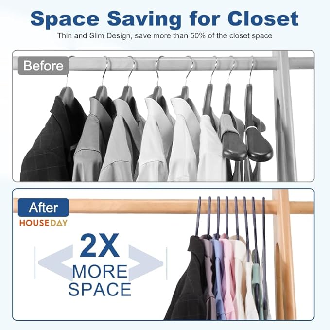 HOUSE DAY Grey Plastic Hangers 60 Pack, Non-Slip Plastic Hanger with Dual Hooks - Slim Space Saving 1/4" Thin Closet Organizers for Coats, Shirts, Pants & Dresses - Lightweight Garment Friendly