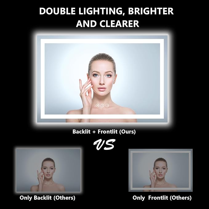 YEELAIT 60x36 Inch LED Bathroom Mirror with Lights Front and Backlit Lighted Vanity Mirror for Bathroom Wall with 3 Colors Dimmable Anti-Fog Memory Shatter-Proof IP54 Waterproof Horizontal/Vertical