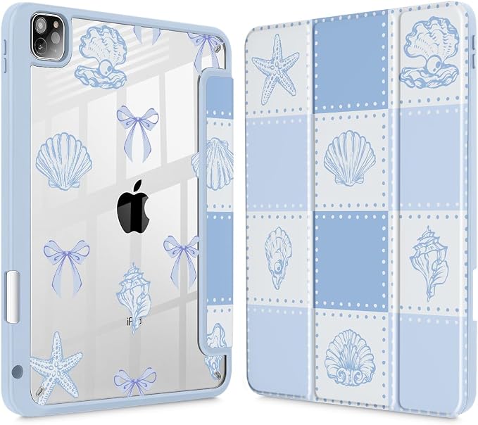 May Chen Case for iPad 12.9 Inch (6th/5th/4th/3rd Generation 2022/2021/2020/2018) Pencel Holder + Trifold Support Auto Sleep/Wake Transparent Shockproof Back Cover Blue Bows