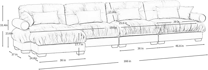 166" Oversized Couch, 4 Seater Modular Sectional Sofa, Olive Green Large L Shaped Sectional Couches for Living Room, Fluffy Couch Set, 4 Seater, Velvet Cloud with Ottoman, Sofas for Living Room