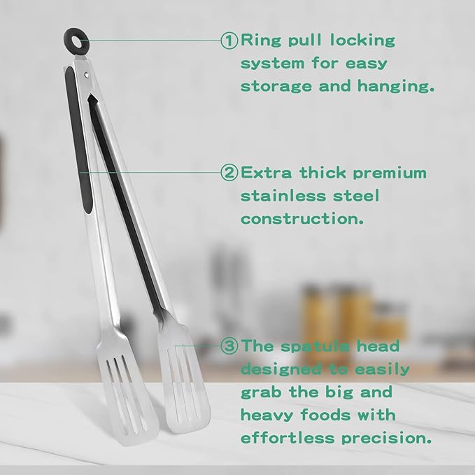Lebabo Tongs for Cooking, Set of 2 Metal Spatula Tongs for Grilling, Black