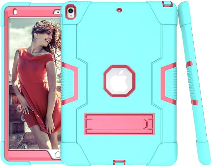 Dteck for iPad Air 3rd Gen (2019) / iPad Pro (2017) Case 10.5 Shockproof Protective Case with Kickstand Hard Plastic Shell 3-Layer Protection Drop Proof Sturdy Rugged Tablet Cover (Aqua+Rose)