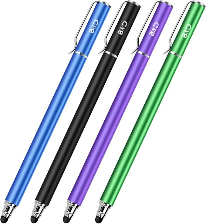 Capacitive Stylus/Styli 2-in-1 Universal Touch Screen Pen for All Touch Screen Tablets/Cell Phones with 20 Extra Replaceable Soft Rubber Tips (4 Pieces Black/Blue/Purple/Green)