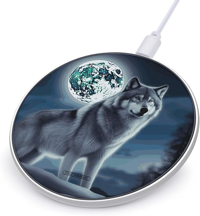Wolf Under Moon Wireless Charger 10W Qi-Certified Fast Wireless Charging Pad with USB Cable &amp LED Indicator Fashion Charger Mat Portable Charging Station for All Qi-Enabled Phones