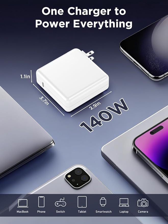 140W Charger for MacBook Pro 16/14 inch Mac Air 15/13 inch 【Original Quality】 2021-2025 M1–M4 6.6FT Magnetic 3 Cable LED &amp Type C Fast Charger Power Adapter - Between 2021-2025