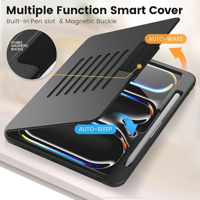 for iPad Pro 11 inch Protective Case M5 2025/M4 2024: Heavy Duty Shockproof Case with Pencil Holder - 360°Rotating Handle/Stand - Screen Protector - Shoulder Strap Black/Sky Blue