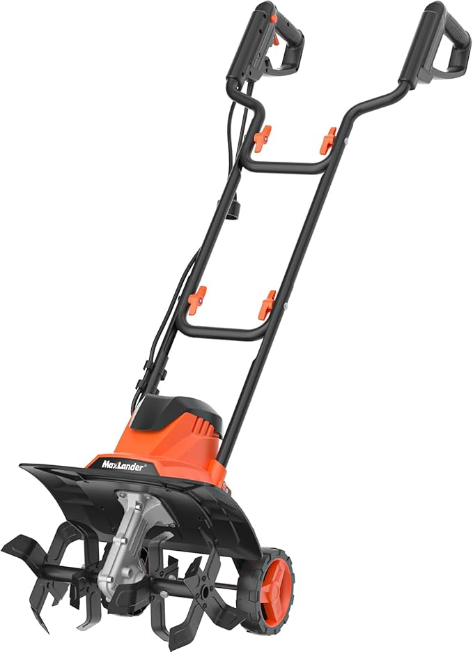 MAXLANDER Electric Tiller Cultivator, 14 Inch 12 Amp Corded Tiller for Gardening with Foldable Handle, 4 Steel Tines, Garden Rototiller with Wheels for Lawn Yard Soil Cultivation