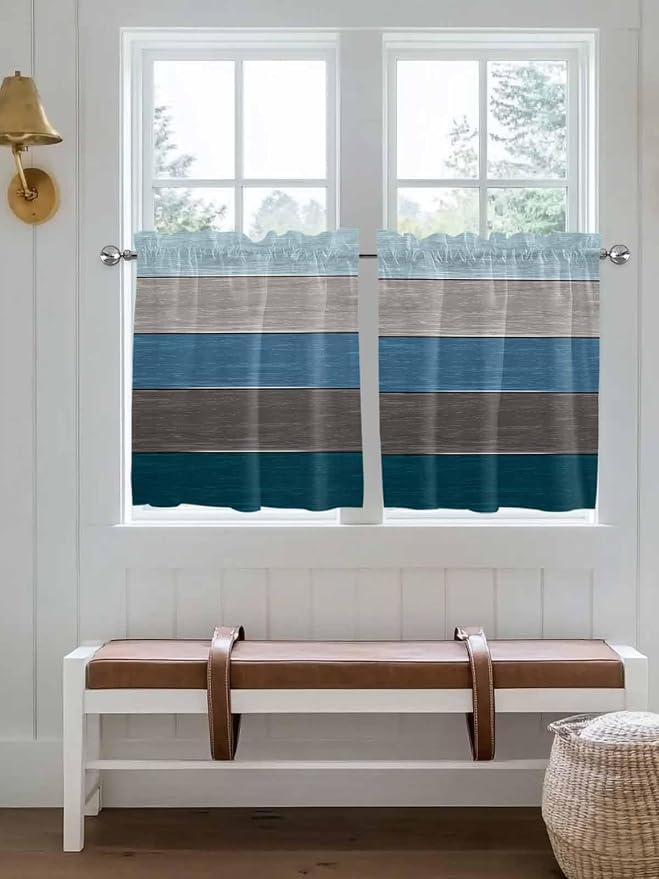 Retro Farm Blue Gray Wood Grain Window Valance Curtains, Rustic Wooden Plank