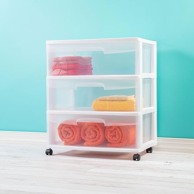 Sterilite 2-Pack 3-Drawer Wide Storage Organizer Cart, Rolling Container w/Wheels, White - Organizing Containers for Bathroom, Closet, Kitchen, and Bedroom