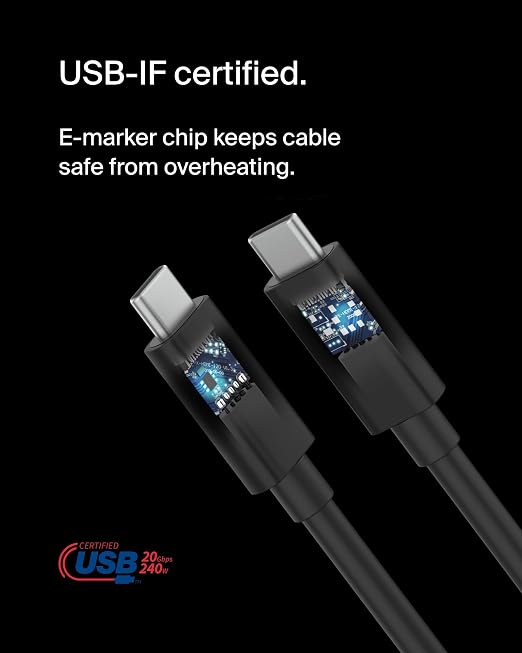 Belkin Connect USB4 Cable (6.6ft/2M Power Cable) USB-C to USB-C Cable w/ 240W Power Delivery + 20Gbps - USB4 Compliant Power Cable Compatible with MacBook Windows Chromebook &amp More