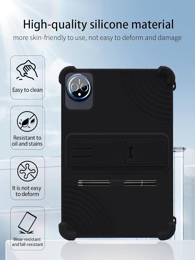 for Raemond K80 Android Tablet10 2.5K Ultra Clear Display Tablet Model CaseSoft Silicone Adjustable Stand Cover Lightweight Kids Friendlywith Capacitive PenBlack.